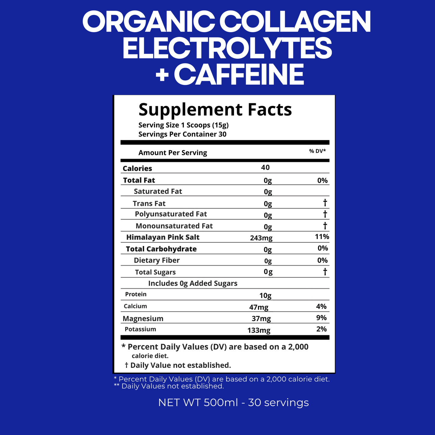 ENERGY: A Clean Blend of Organic Grass Fed Collagen Peptides, with a Boost of Caffeine and Balanced Electrolytes for Hydration.