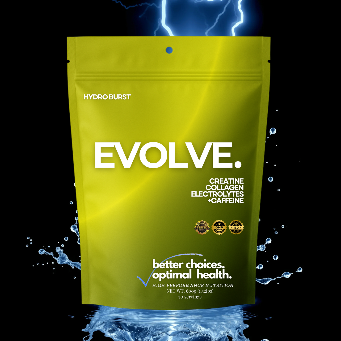 EVOLVE: A Clean Blend of Organic Grass Fed Collagen Peptides, with Creatine Monohydrate, Caffeine and Balanced Electrolytes for Hydration.
