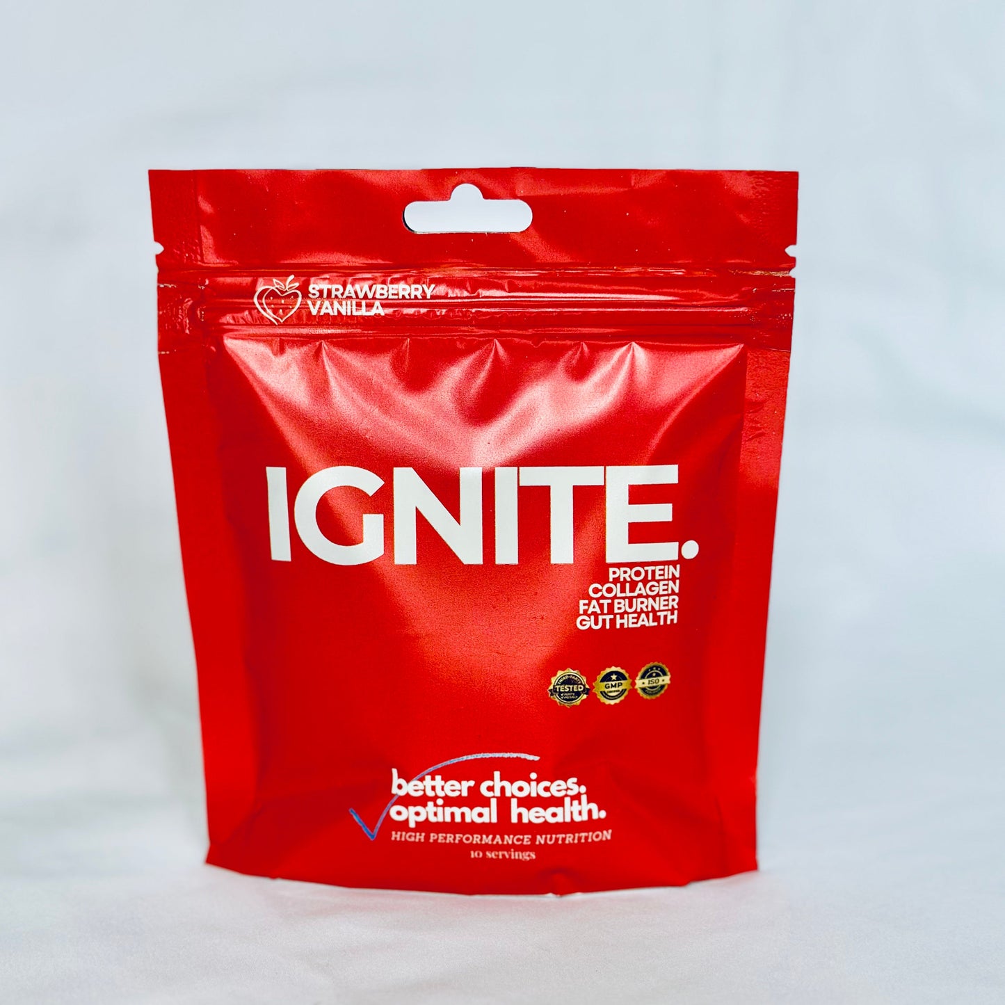 IGNITE: A fusion of collagen peptides, protein isolates, expertly balanced electrolytes, and a focused dose of MCT's to deliver immediate ketone energy while promote optimal gut-brain communication support.