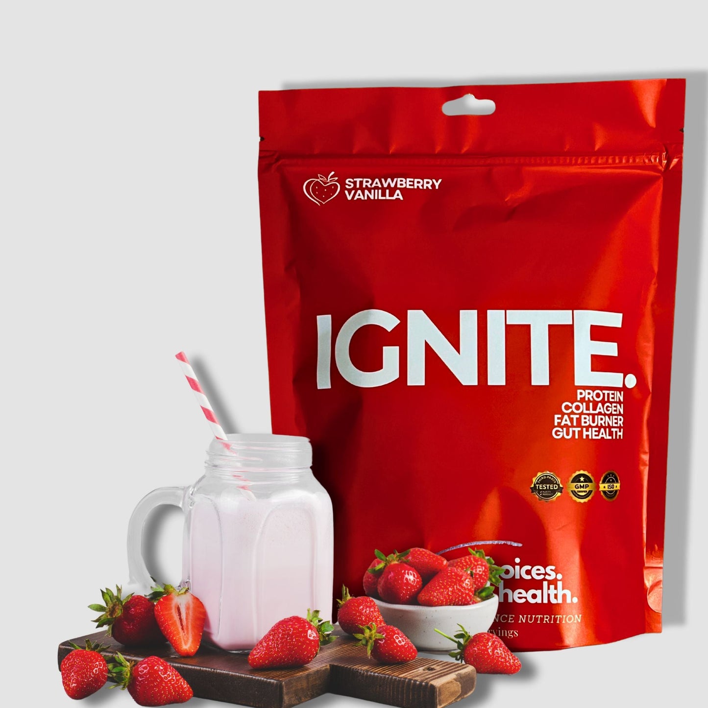 IGNITE: A fusion of collagen peptides, protein isolates, expertly balanced electrolytes, and a focused dose of MCT's to deliver immediate ketone energy while promote optimal gut-brain communication support.