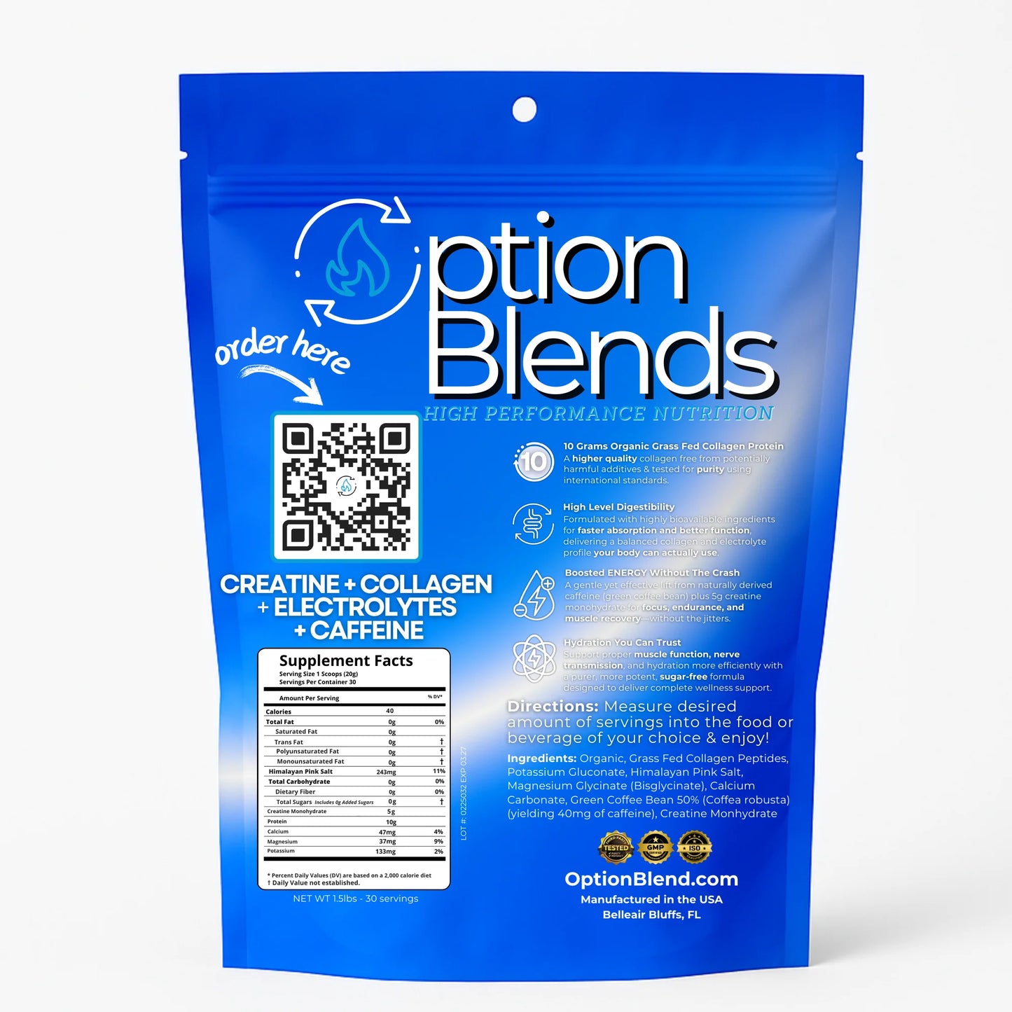 ENERGY:  A Clean Blend of Organic Grass Fed Collagen Peptides, with a Boost of Caffeine and Balanced Electrolytes for Hydration.