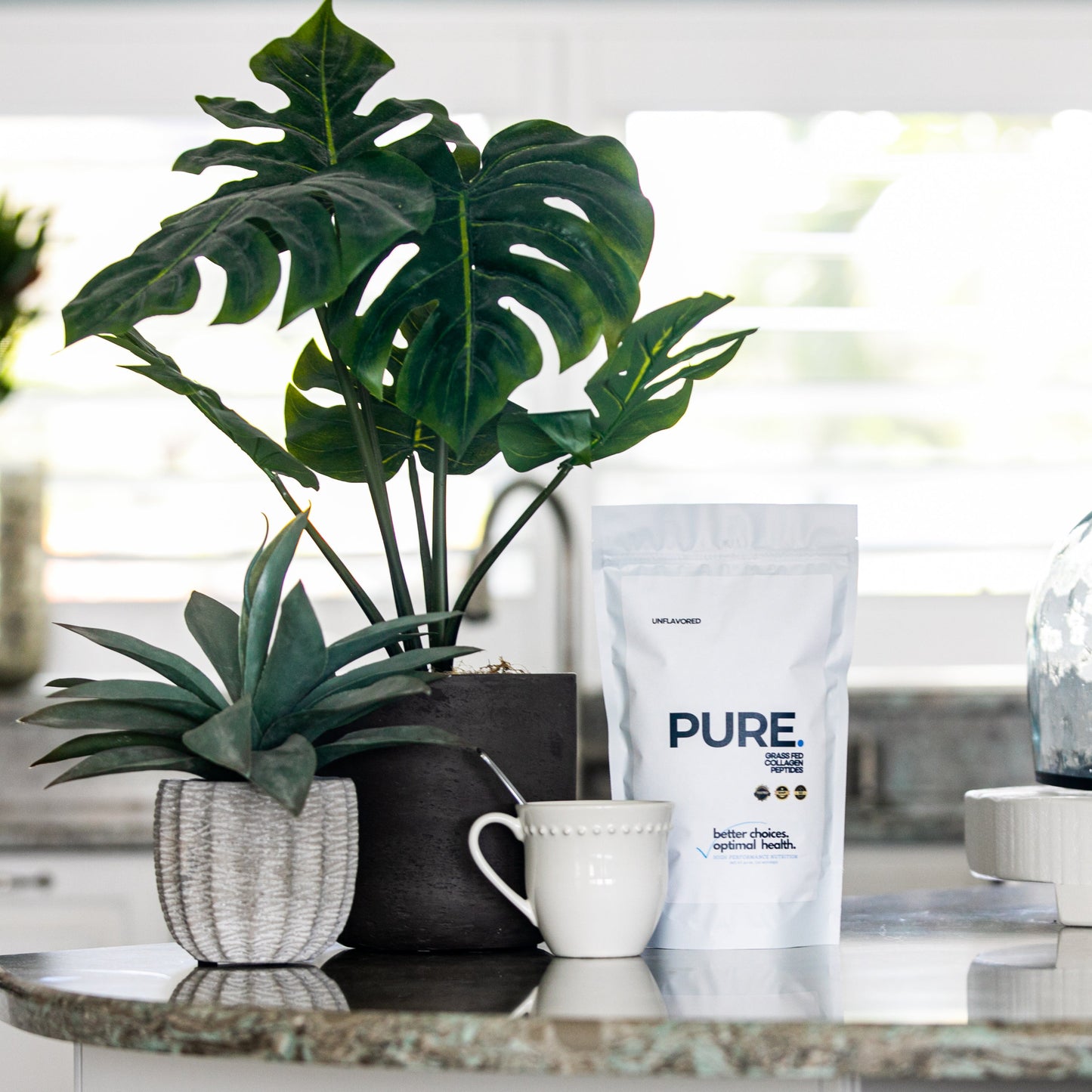 PURE:  A clean blend of grass fed collagen peptides, enriched himalayan pink salt for electrolyte balance and bioavailability