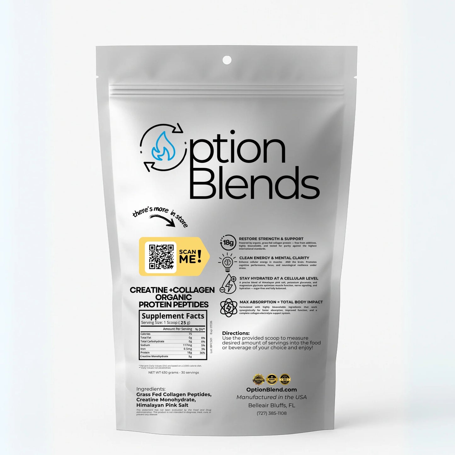 PURE plus:  A clean blend of grass fed collagen peptides PLUS creatine, enriched himalayan pink salt for electrolyte balance and bioavailability