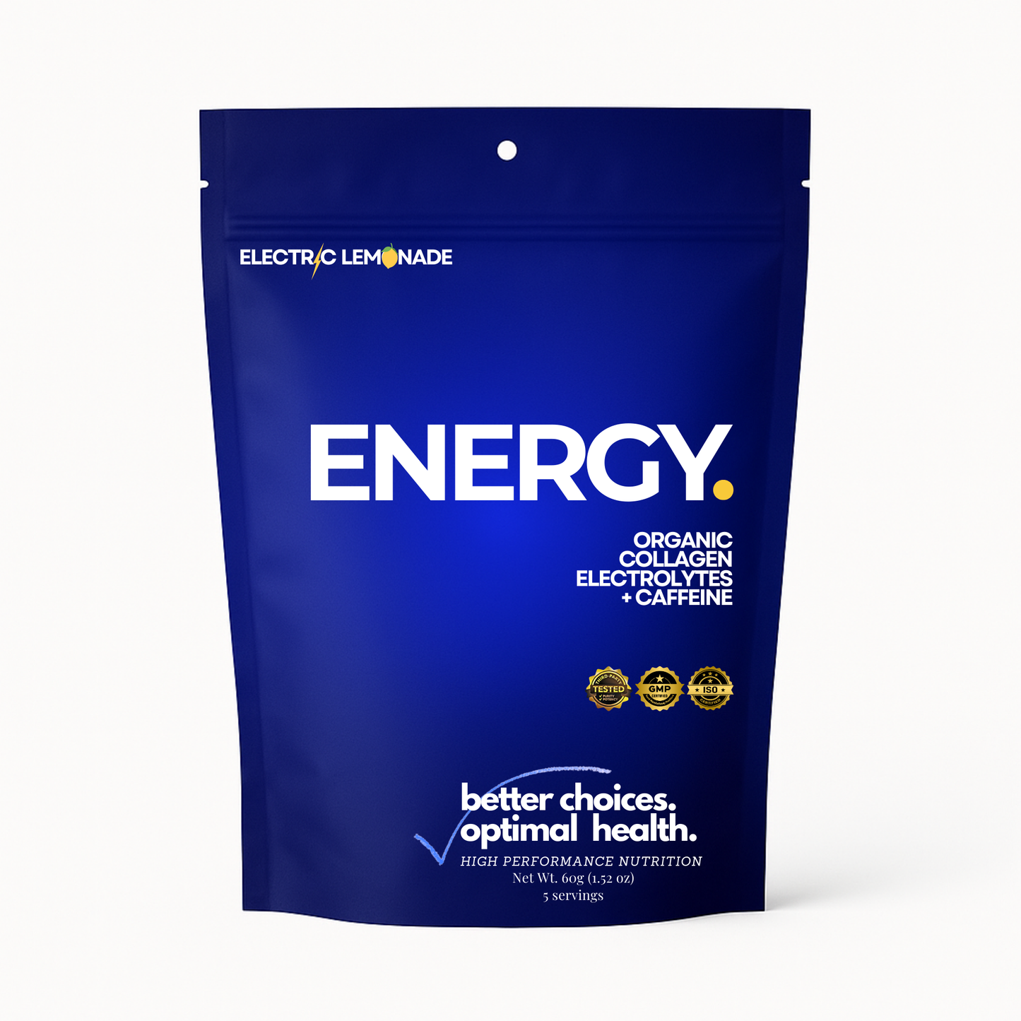 ENERGY:  A Clean Blend of Organic Grass Fed Collagen Peptides, with a Boost of Caffeine and Balanced Electrolytes for Hydration.