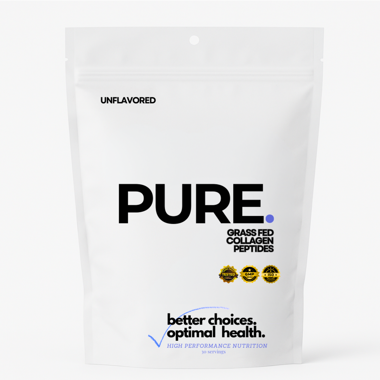 PURE:  A clean blend of grass fed collagen peptides, enriched himalayan pink salt for electrolyte balance and bioavailability