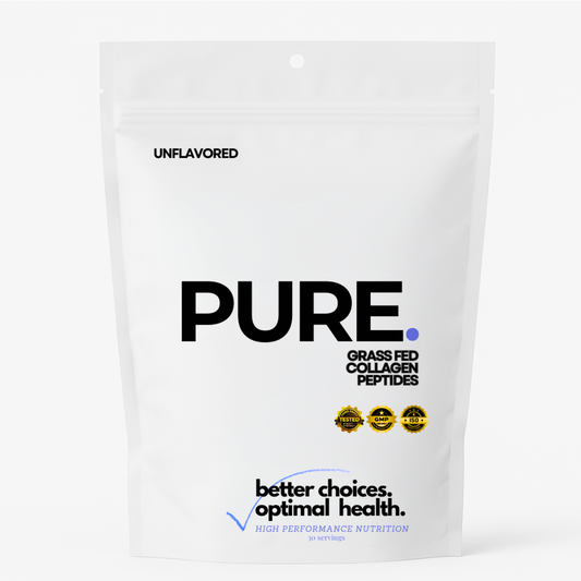 PURE:  A clean blend of grass fed collagen peptides, enriched himalayan pink salt for electrolyte balance and bioavailability