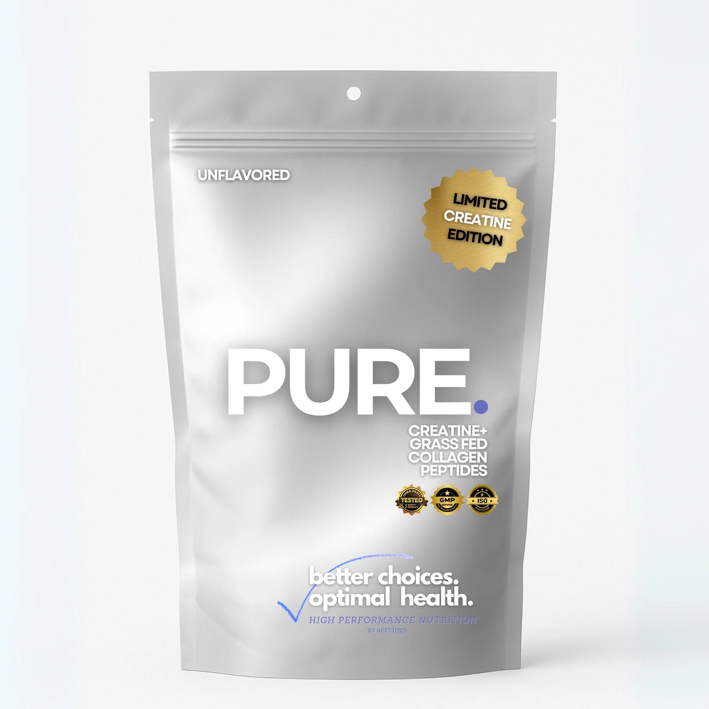 PURE plus:  A clean blend of grass fed collagen peptides PLUS creatine, enriched himalayan pink salt for electrolyte balance and bioavailability