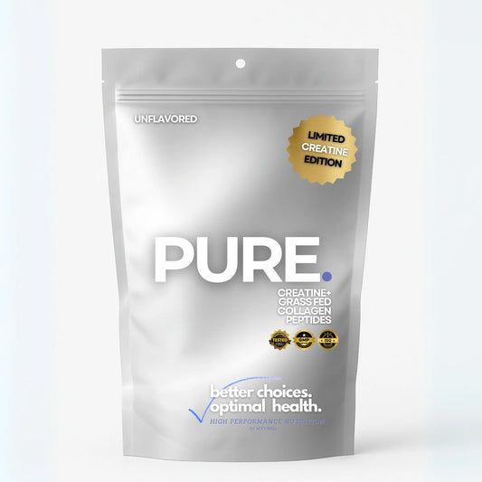 PURE plus:  A clean blend of grass fed collagen peptides PLUS creatine, enriched himalayan pink salt for electrolyte balance and bioavailability