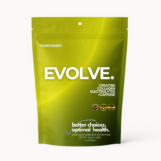 EVOLVE:  A Clean Blend of Organic Grass Fed Collagen Peptides, with Creatine Monohydrate, Caffeine and Balanced Electrolytes for Hydration.