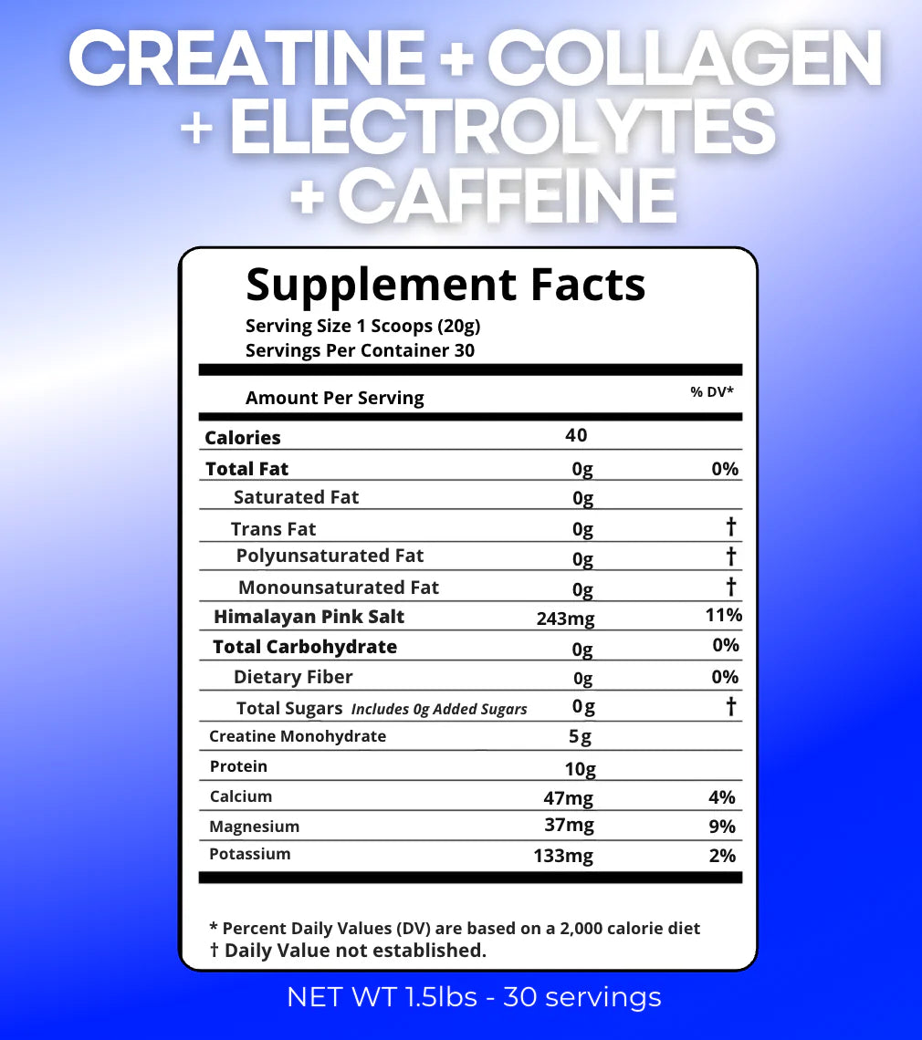 ENERGY:  A Clean Blend of Organic Grass Fed Collagen Peptides, with a Boost of Caffeine and Balanced Electrolytes for Hydration.