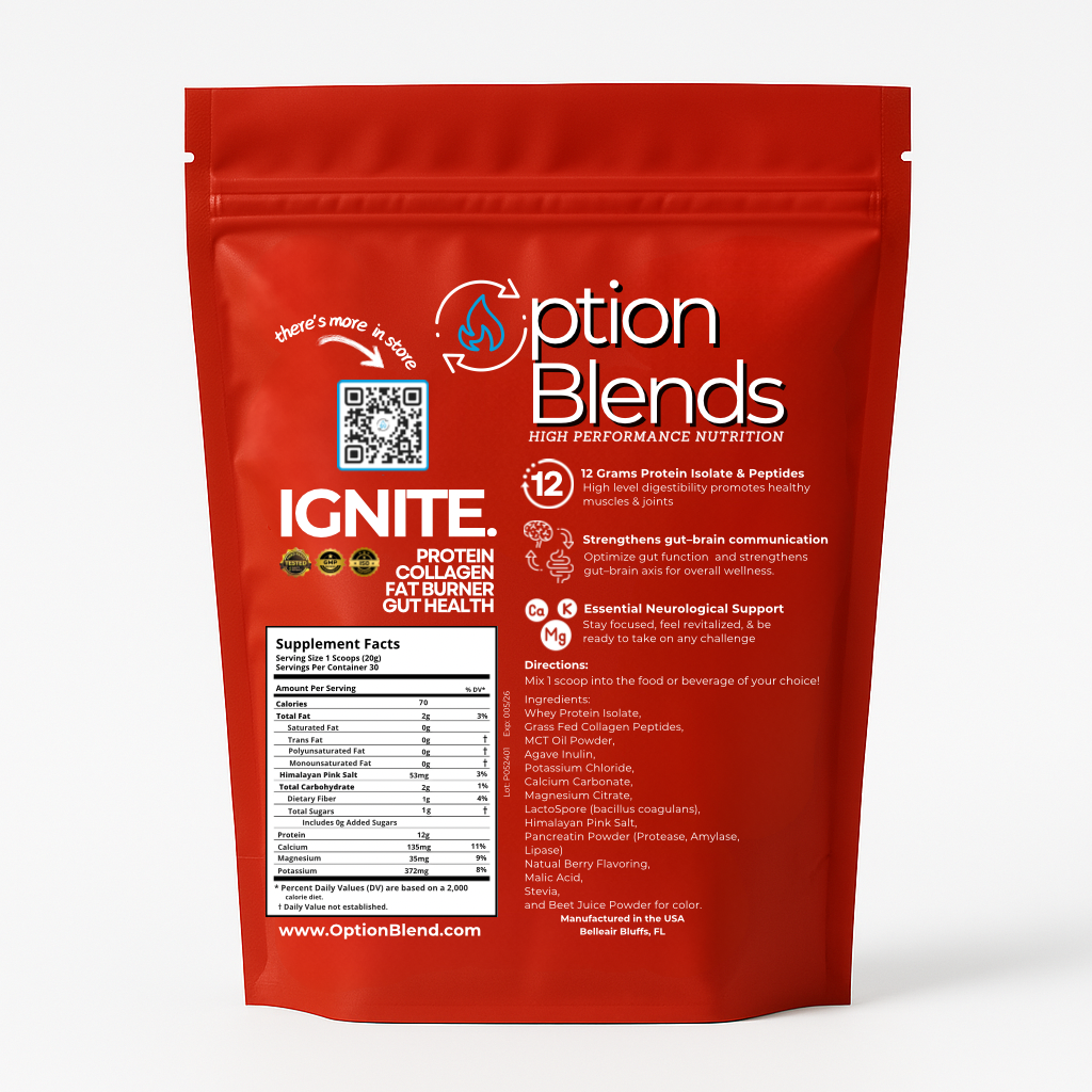 IGNITE: A fusion of collagen peptides, protein isolates, expertly balanced electrolytes, and a focused dose of MCT's to deliver immediate ketone energy while promote optimal gut-brain communication support.