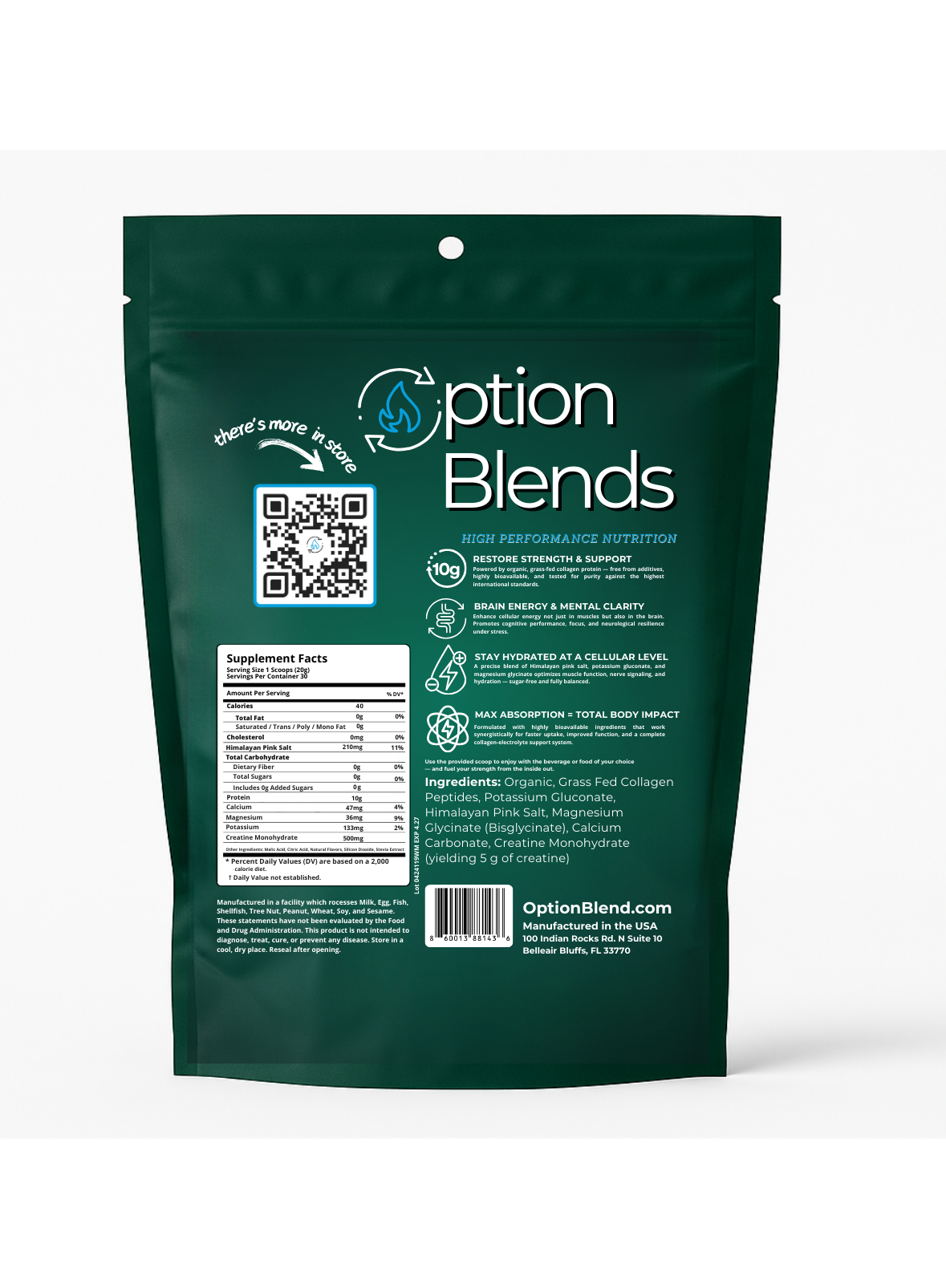 FUEL:  A Clean Blend of Organic Grass Fed Collagen Peptides, with Creatine Monohydrate and Balanced Electrolytes for Hydration.