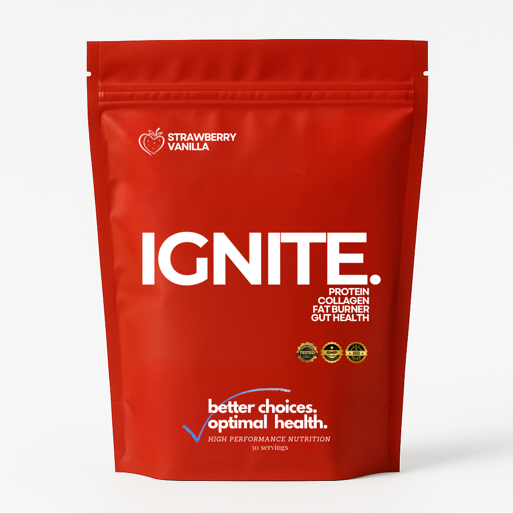 IGNITE: A fusion of collagen peptides, protein isolates, expertly balanced electrolytes, and a focused dose of MCT's to deliver immediate ketone energy while promote optimal gut-brain communication support.