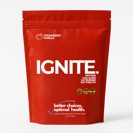 IGNITE: A fusion of collagen peptides, protein isolates, expertly balanced electrolytes, and a focused dose of MCT's to deliver immediate ketone energy while promote optimal gut-brain communication support.