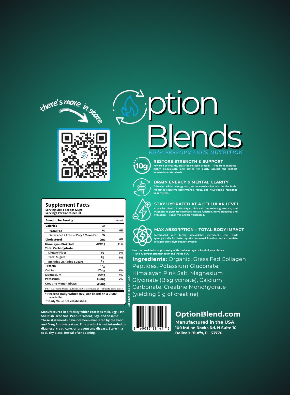 FUEL:  A Clean Blend of Organic Grass Fed Collagen Peptides, with Creatine Monohydrate and Balanced Electrolytes for Hydration.