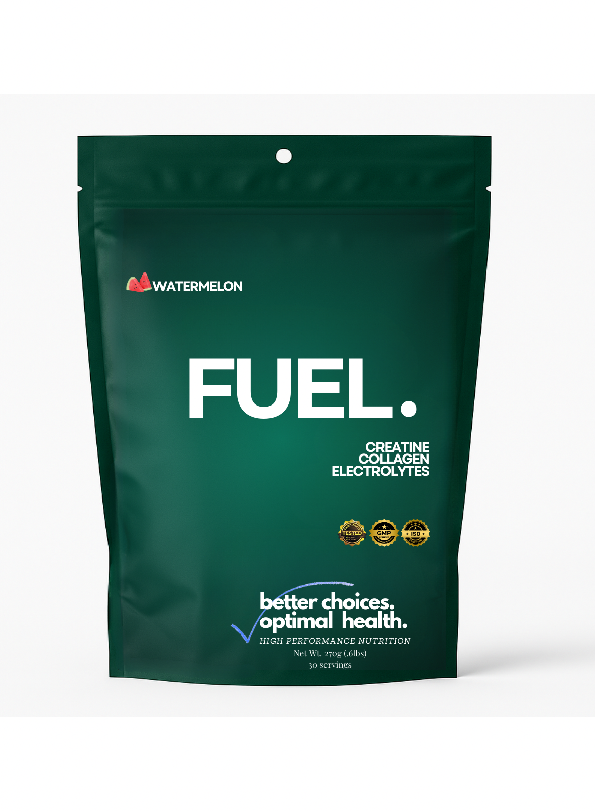 FUEL:  A Clean Blend of Organic Grass Fed Collagen Peptides, with Creatine Monohydrate and Balanced Electrolytes for Hydration.