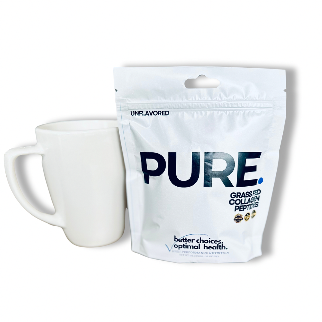 PURE:  A clean blend of grass fed collagen peptides, enriched himalayan pink salt for electrolyte balance and bioavailability